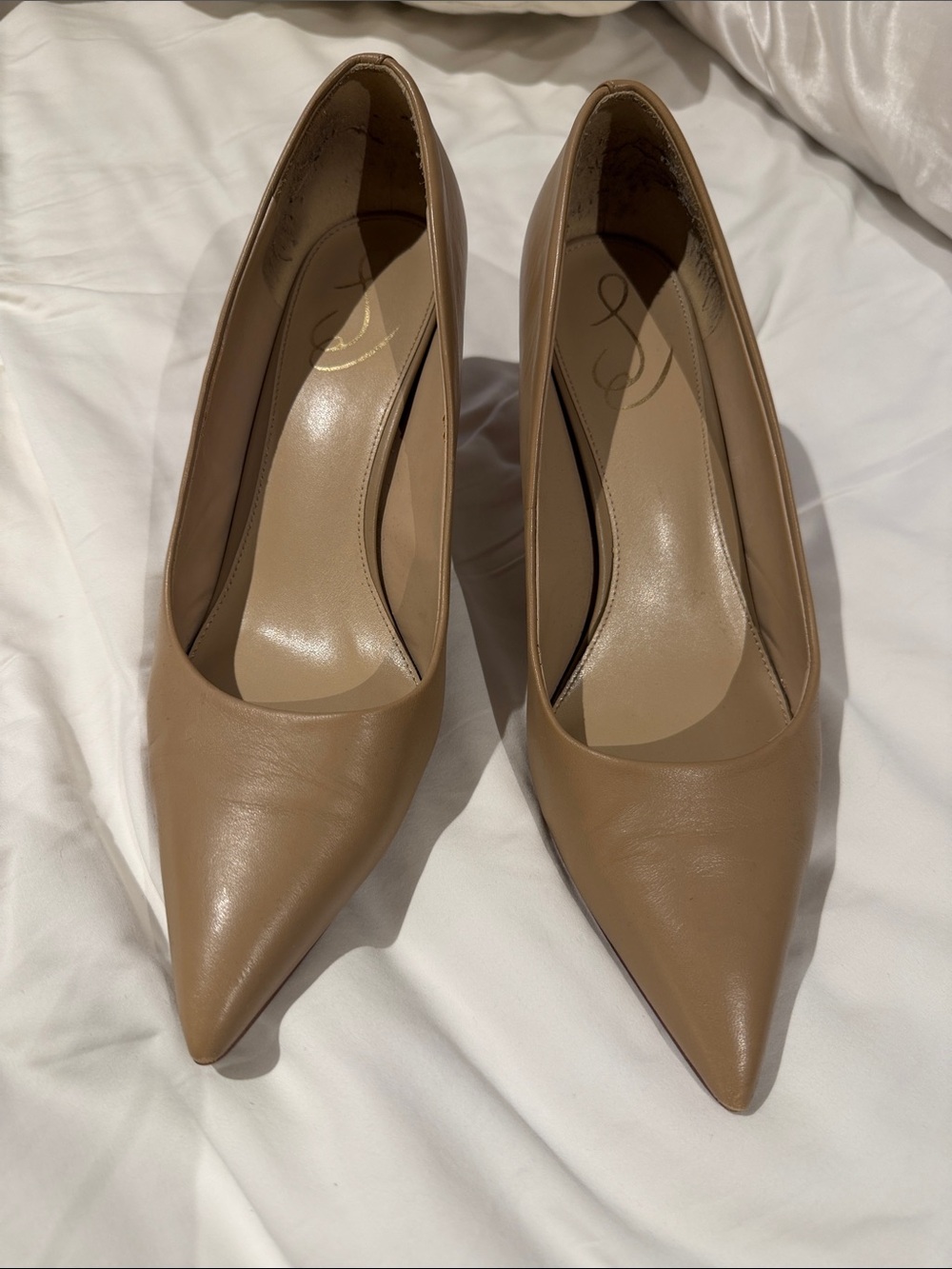 Sam Edelman Nude Tan Pointed-Toe Leather Pumps